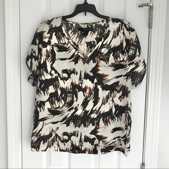 Calvin Klein Jeans Brown Print V-Neck Top S - Picture 2 of 8
